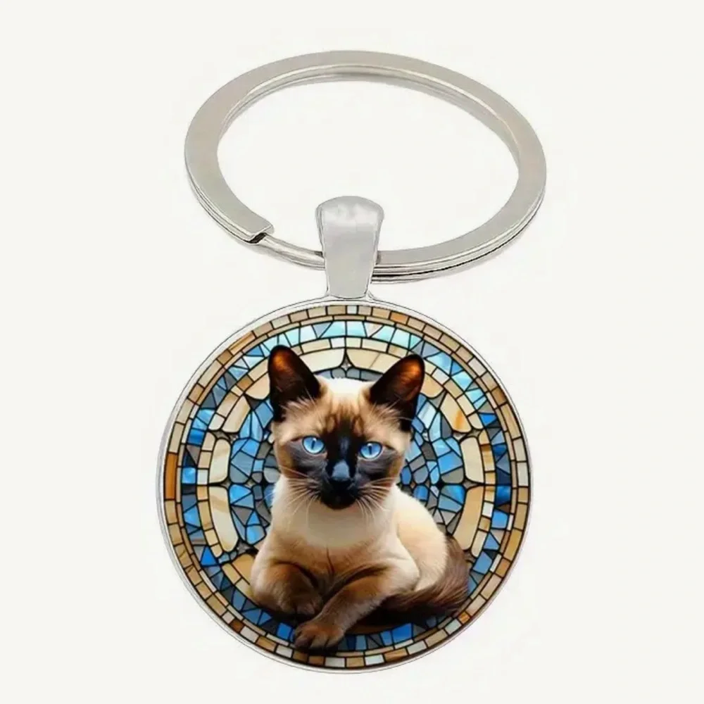 Siamese Cat with Blue Mosaic Cabochon Keychain Key Ring